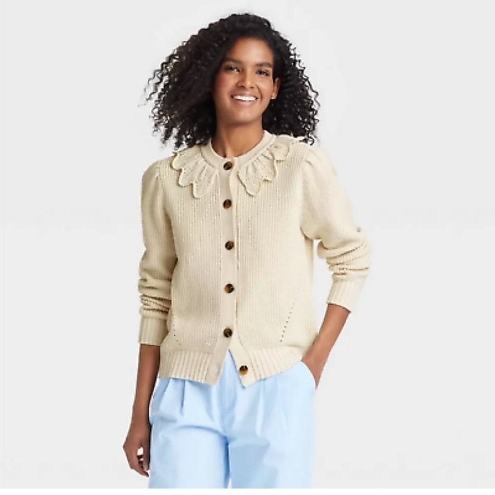 Who What Wear crochet collar cardigan in cream / birch, size medium